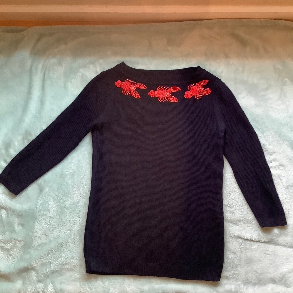 Talbots navy blue beaded lobster sweater, size P
